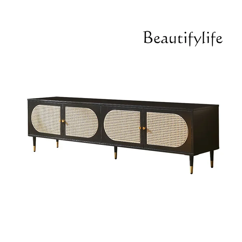 

Retro silent wind rattan TV cabinet small apartment living room solid wood audio-visual cabinet