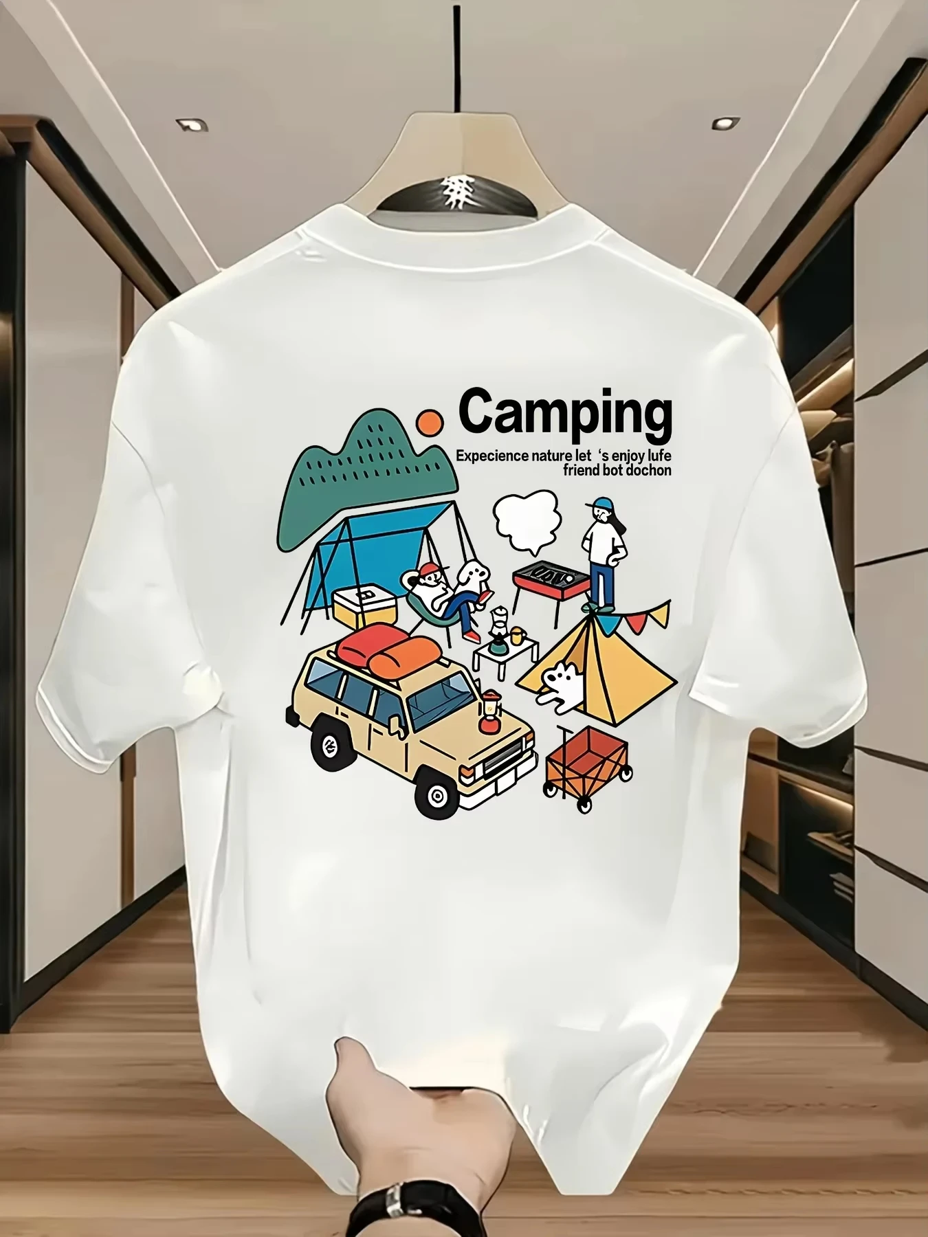 Cute Camping Adventure Graphic Tee with Cartoon SUV and Tent Print 100% Cotton Men's T-shirt Summer Outdoor-Inspired Casual Top