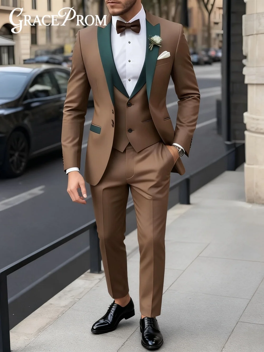 

Exquisite Brown Men's Suit Jacket Pants 3PCS Formal Business Men Solid Color Suit Groom Wedding Buckle Suit