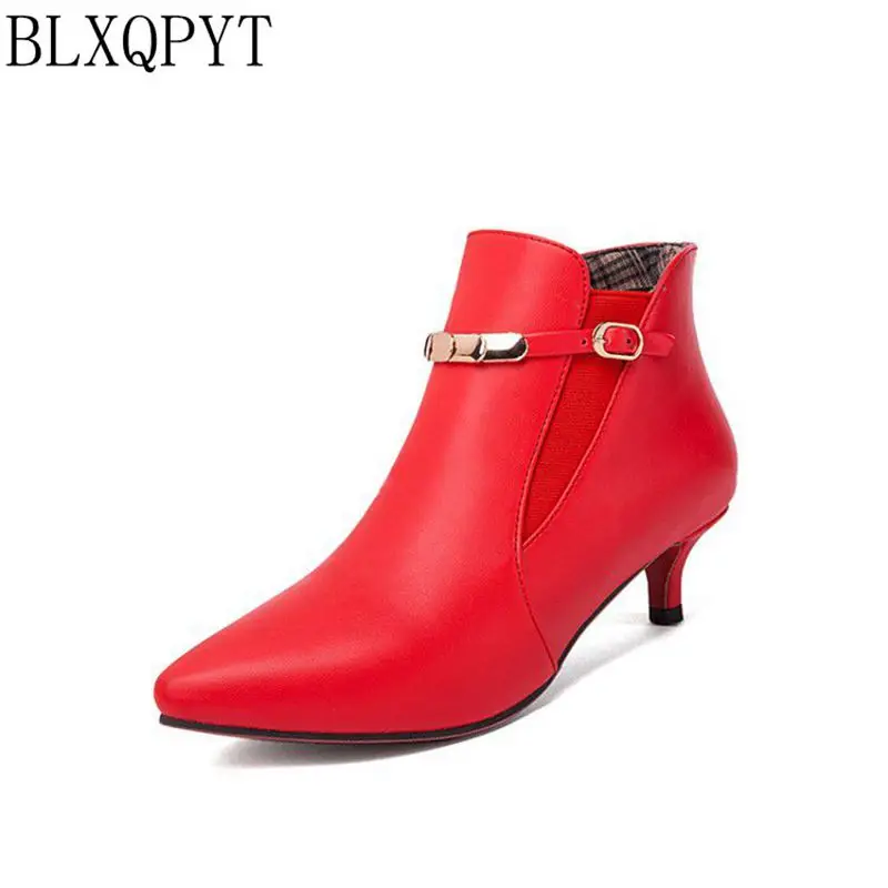 BLXQPYT Women's Kitten Heel Ankle Boots Pointed Toe Elastic Band Booties Metal Buckle Shoes Black Red White Plus Size 33-47 57-7 view 3
