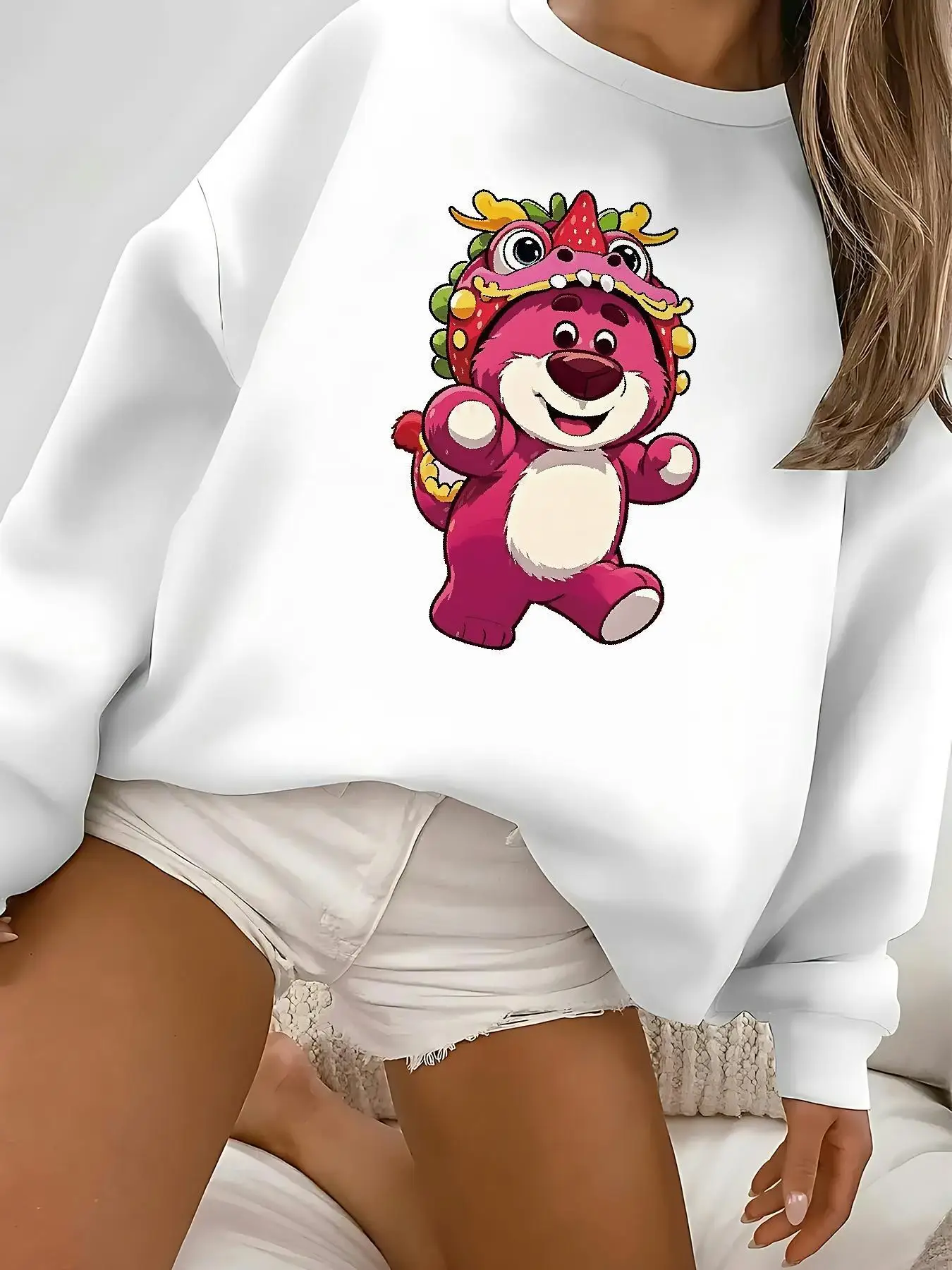 Disney Lotso Pullover Sweater Fashion Oversized Unisex Crew Neck Sweater Autumn and Winter Fleece Casual Street Wear