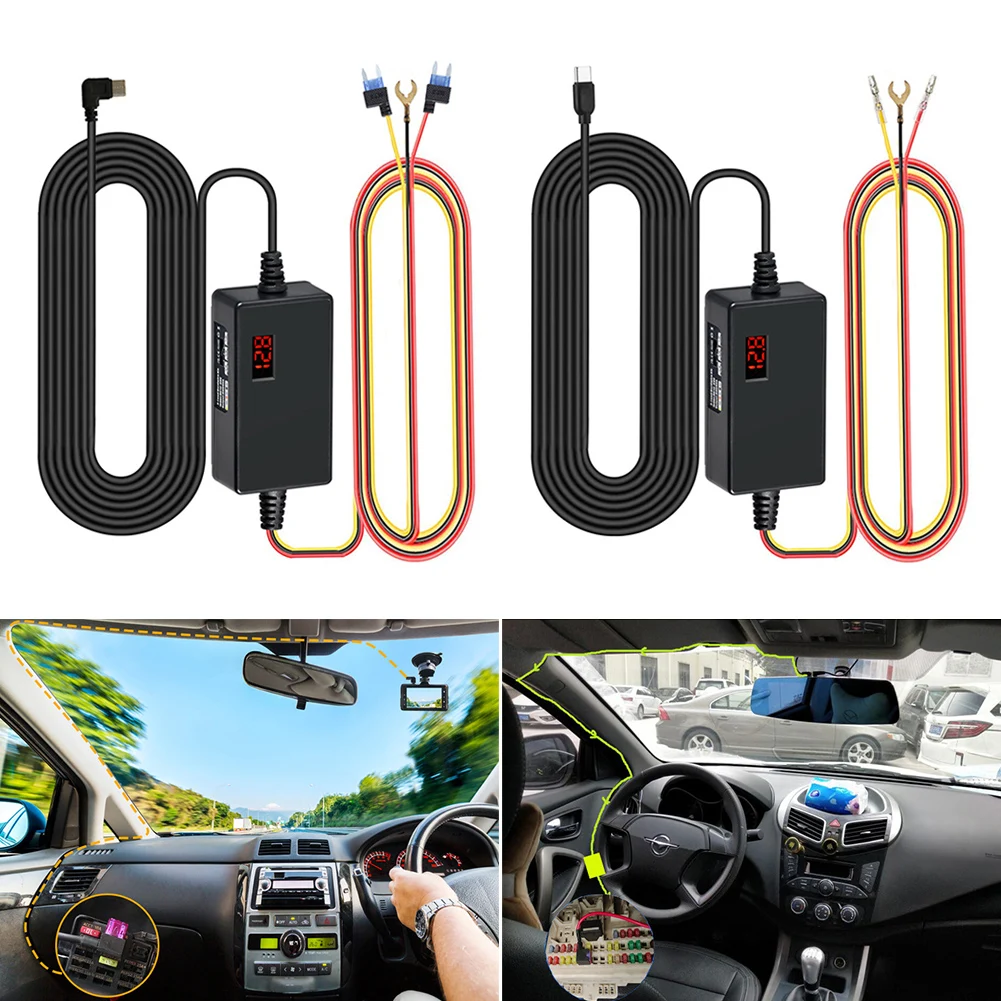 

1Set Dash Cam Hardwire Kit with 8pcs Full Set Circuit Fuses Tap Low Voltage Protection Type-C Port 12V-24V to 5V 3A Hardwire Kit