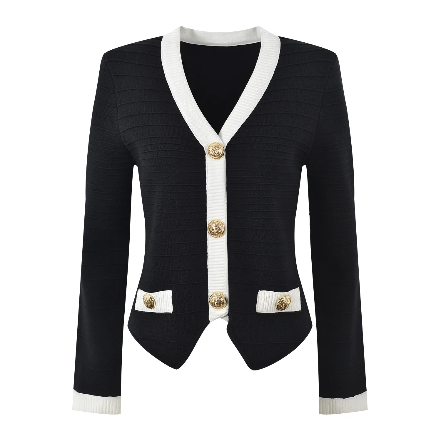 High-End Version Paris B-Style Black White Contrast Color Knitted Long Sleeve Women's Sweater with Golden Button Elegant Top
