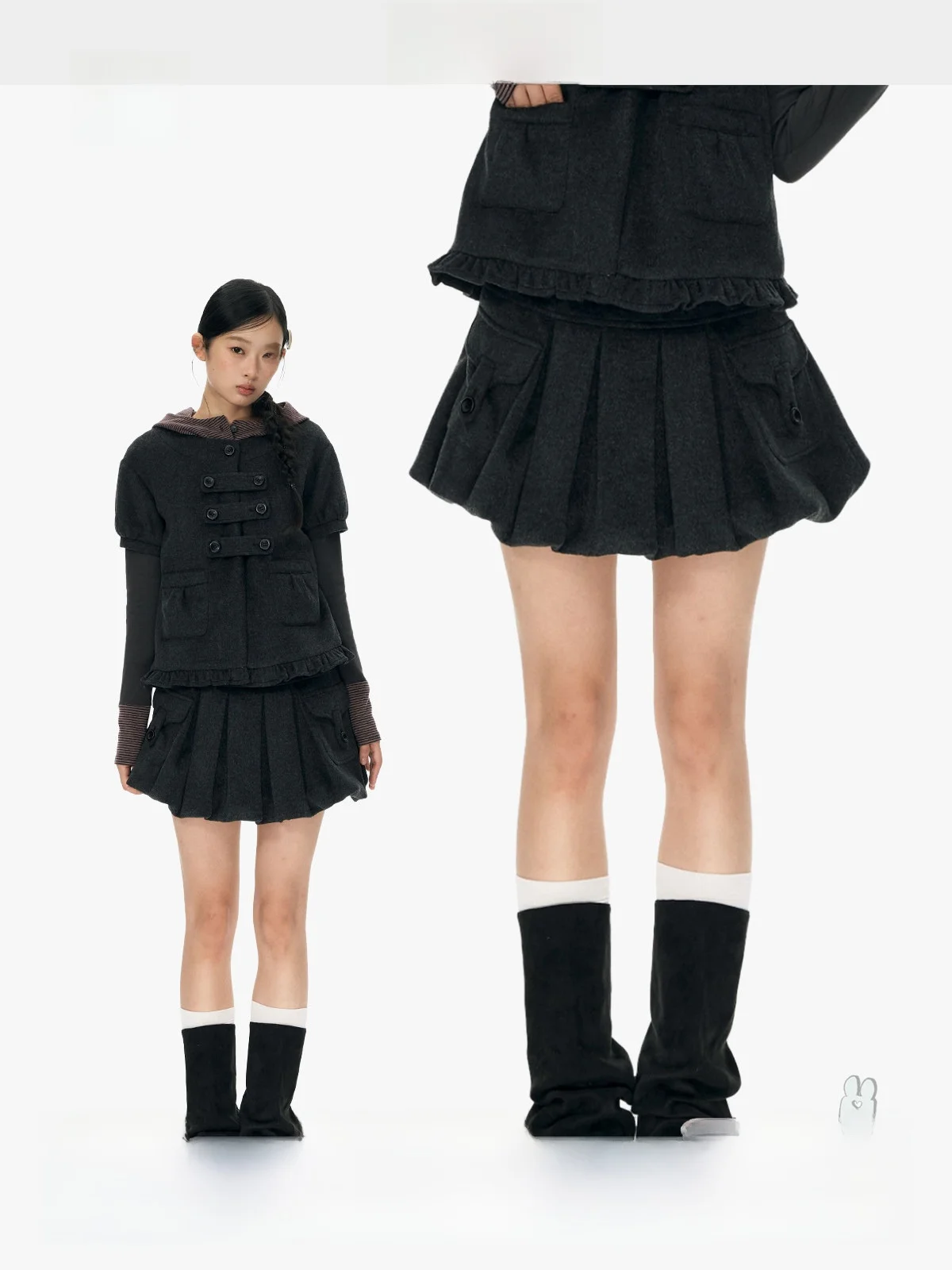 YUPH Girls Early Taste Cute Feeling Woolen A-Line Skirt Workwear Patch Pocket Anti-Light Design  Skirt Standard Fit
