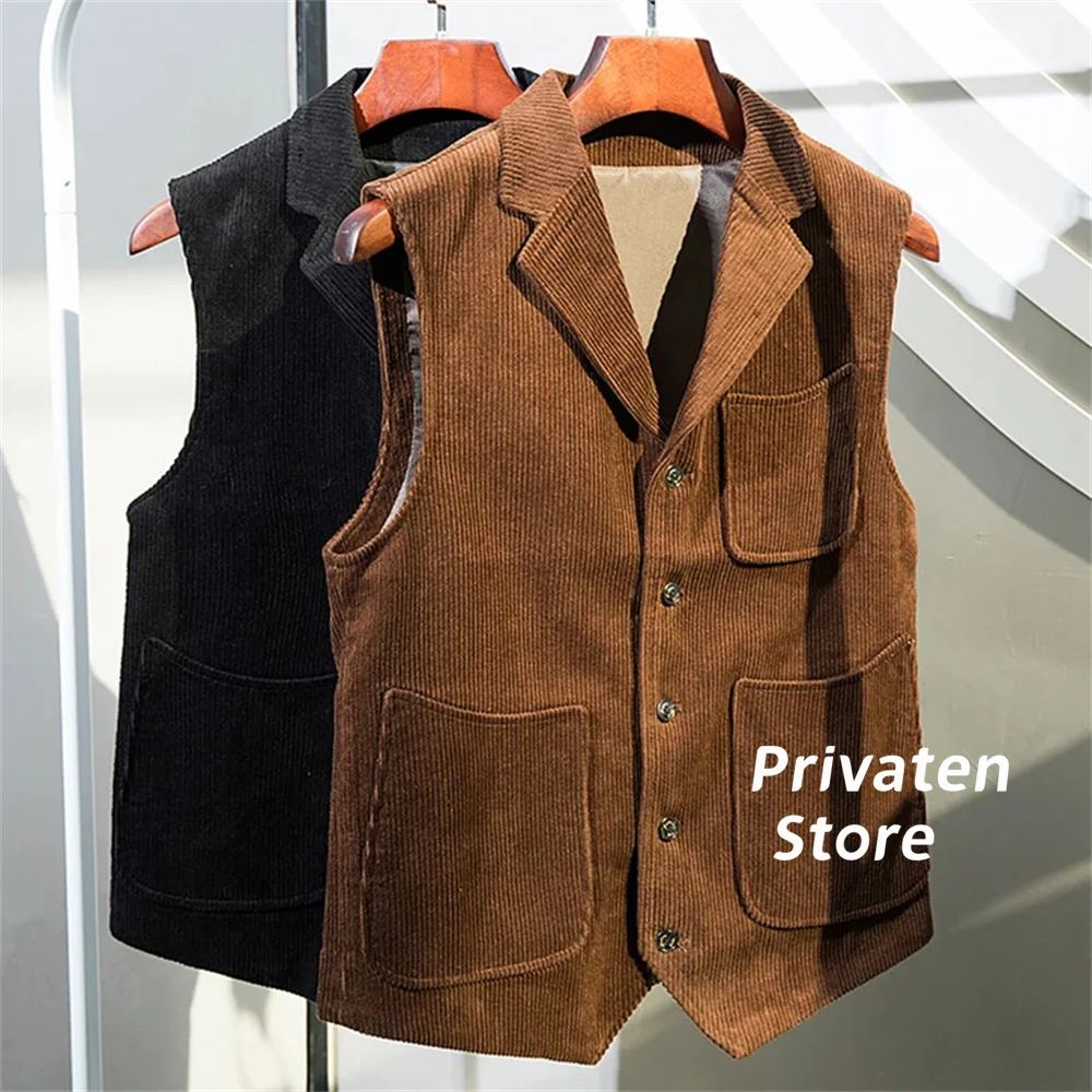 Men Vest Cotton Corduroy Light Brown Notched Lapel Solid Color With Pockets New Style Gilet For Male Clothing  жилетка