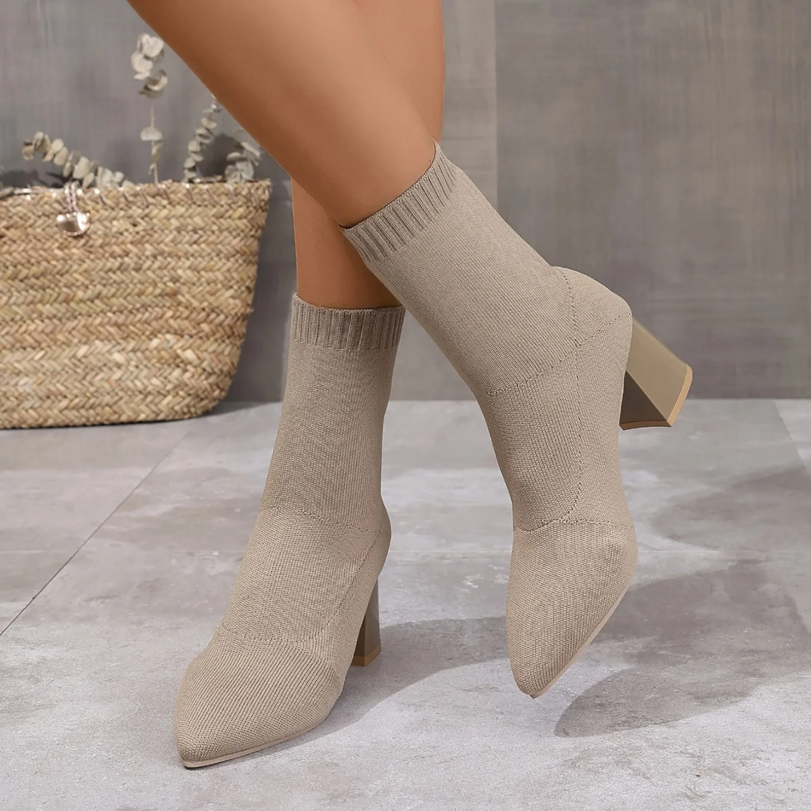 2024 Boots For Autumn Winter Shoes Pointed Toe Thick Heels High Heels Knitted Elastic Socks Boots Women'S Rain Boots Botas Mujer