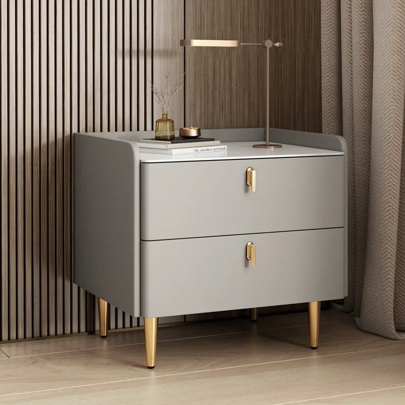 Modern Style 2 Drawers Solid Wood Bedside Table with Sintered Stone Top Bedroom Faux Leather Nightstands Home End Table