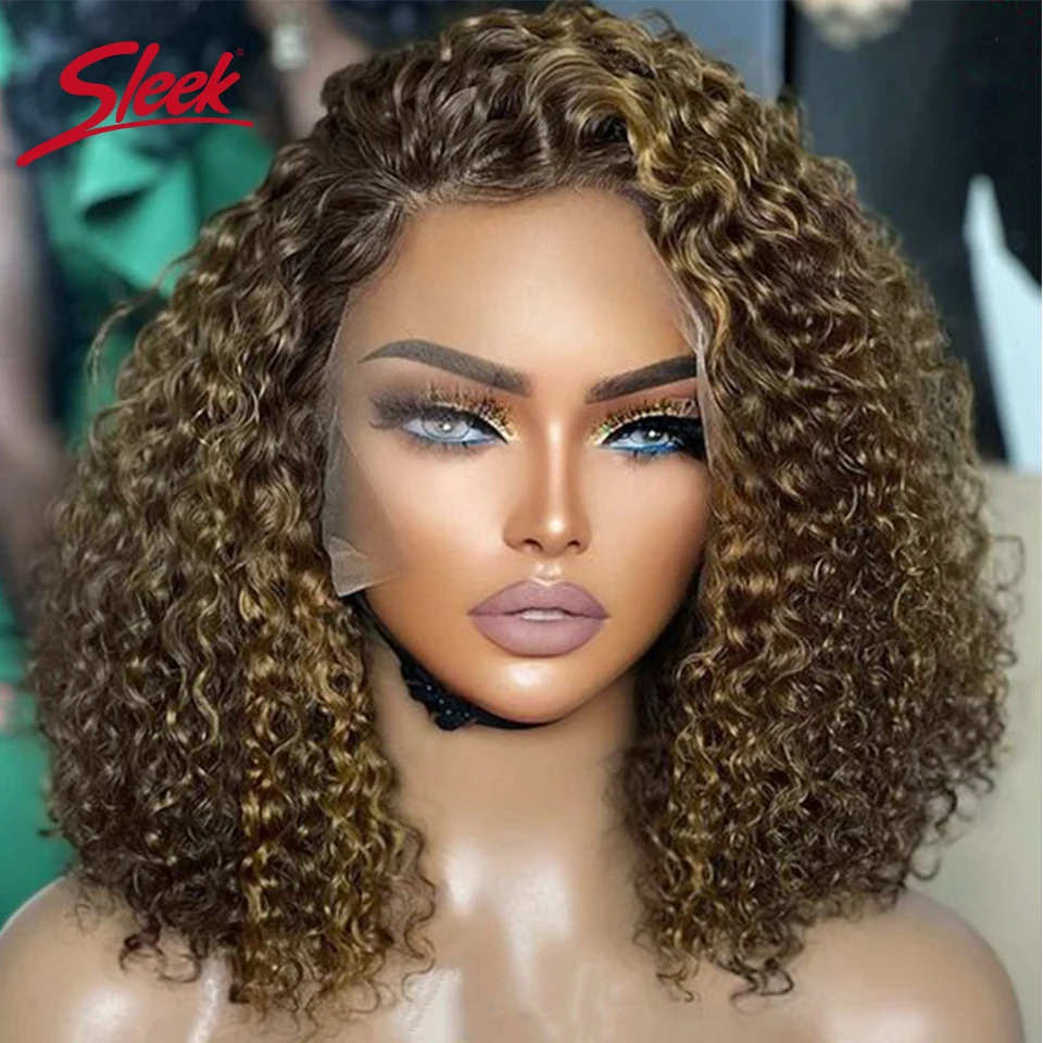 

Brazilian Afro Kinky Curly Bob Human Hair Wigs Brown Color 6# For Black Women Sleek C Lace Front Part Transparent Remy Hair Wigs