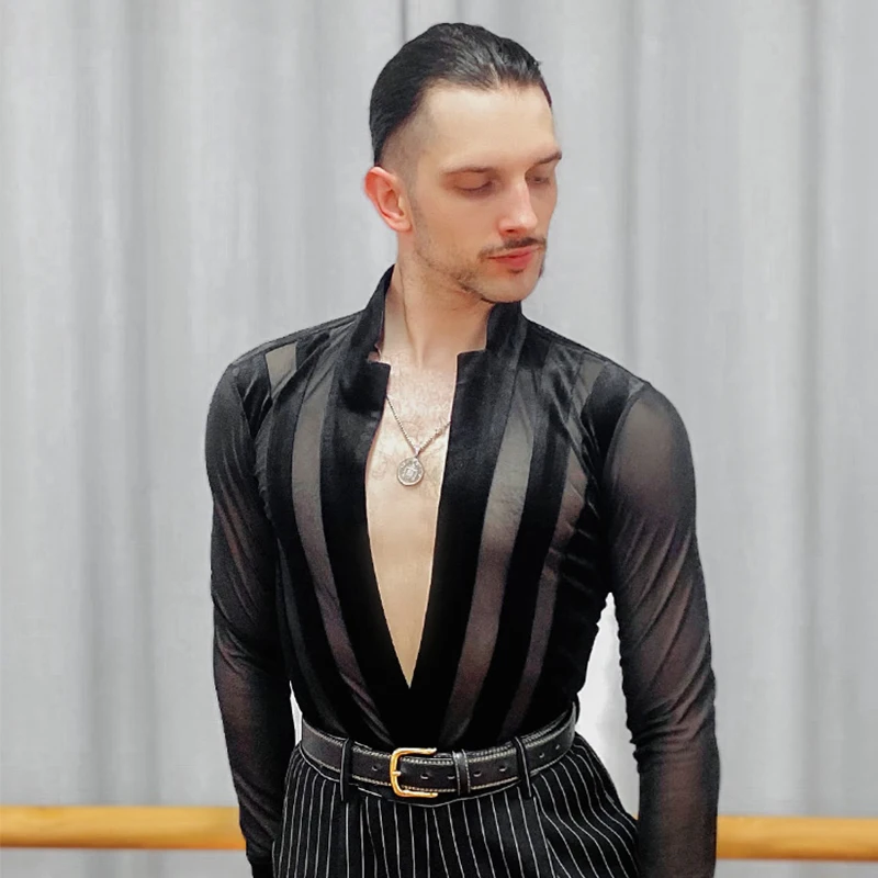 

Новые мужские костюмы для латинских танцев, черные сетчатые бархатные топы с длинными рукавами, мужская рубашка для бальных танцев, одежда для латинских соревнований DN22136