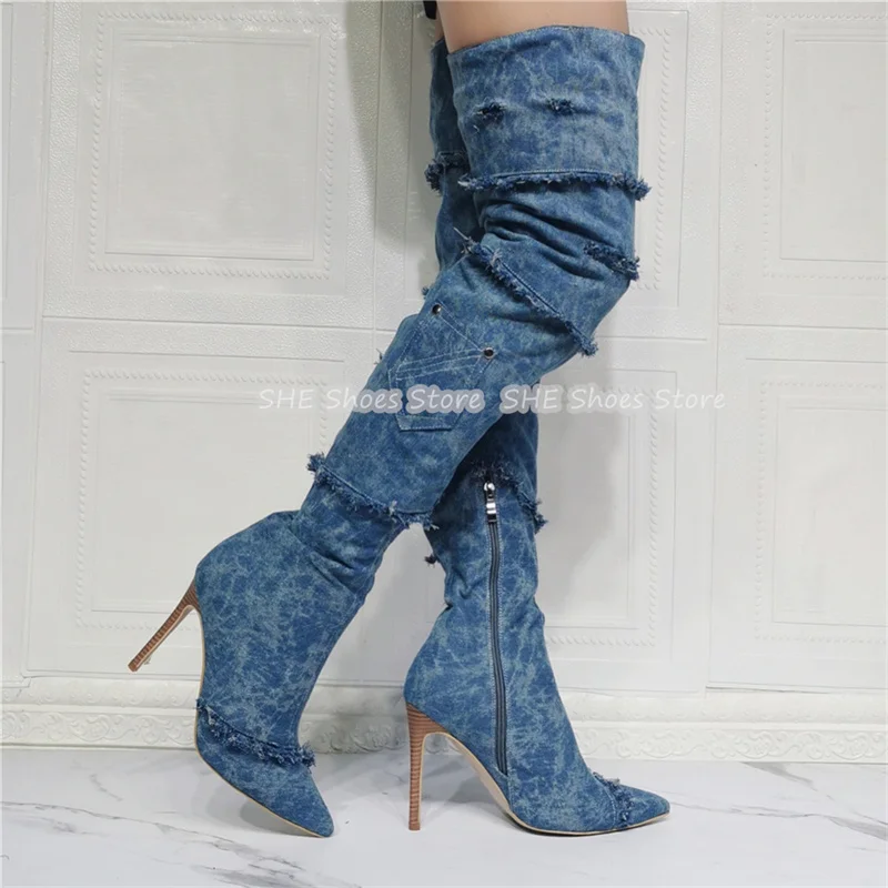 

Denim Tassel Pocket Decor Women Over-The-Knee Boots Sexy Pointed Toe High Heel Plus Size Long Boots Ladies Summer Runway Shoes