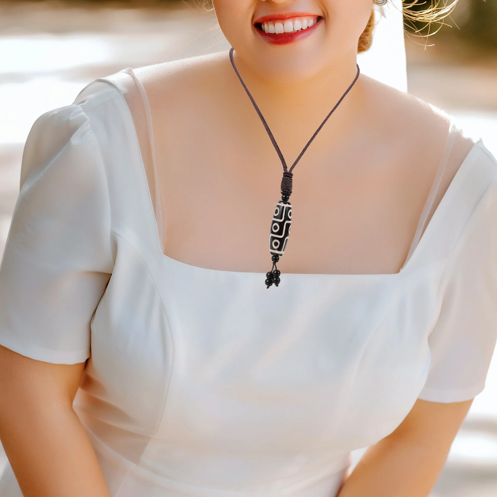

Dzi Bead Pendant Necklace Black Agate Tibetan Decor Ethnic Style Fashionable Elegant Personal