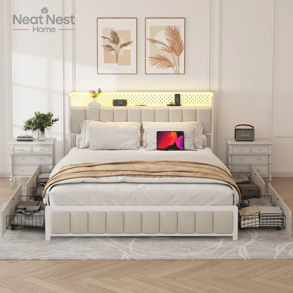 

Queen Size Platform Bed with 4 Drawers, Metal Bed Frame with LED Lights and Charging Station, (Beige),Noise Free,Easy Assemble.