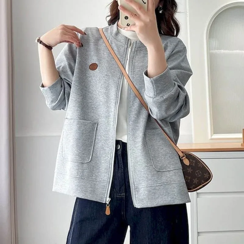 

Sweatshirt Jacket for Women Korean Style Loose O-neck Solid Cardigans Long Sleeved Zipper Design Coats Winter Clothes Women