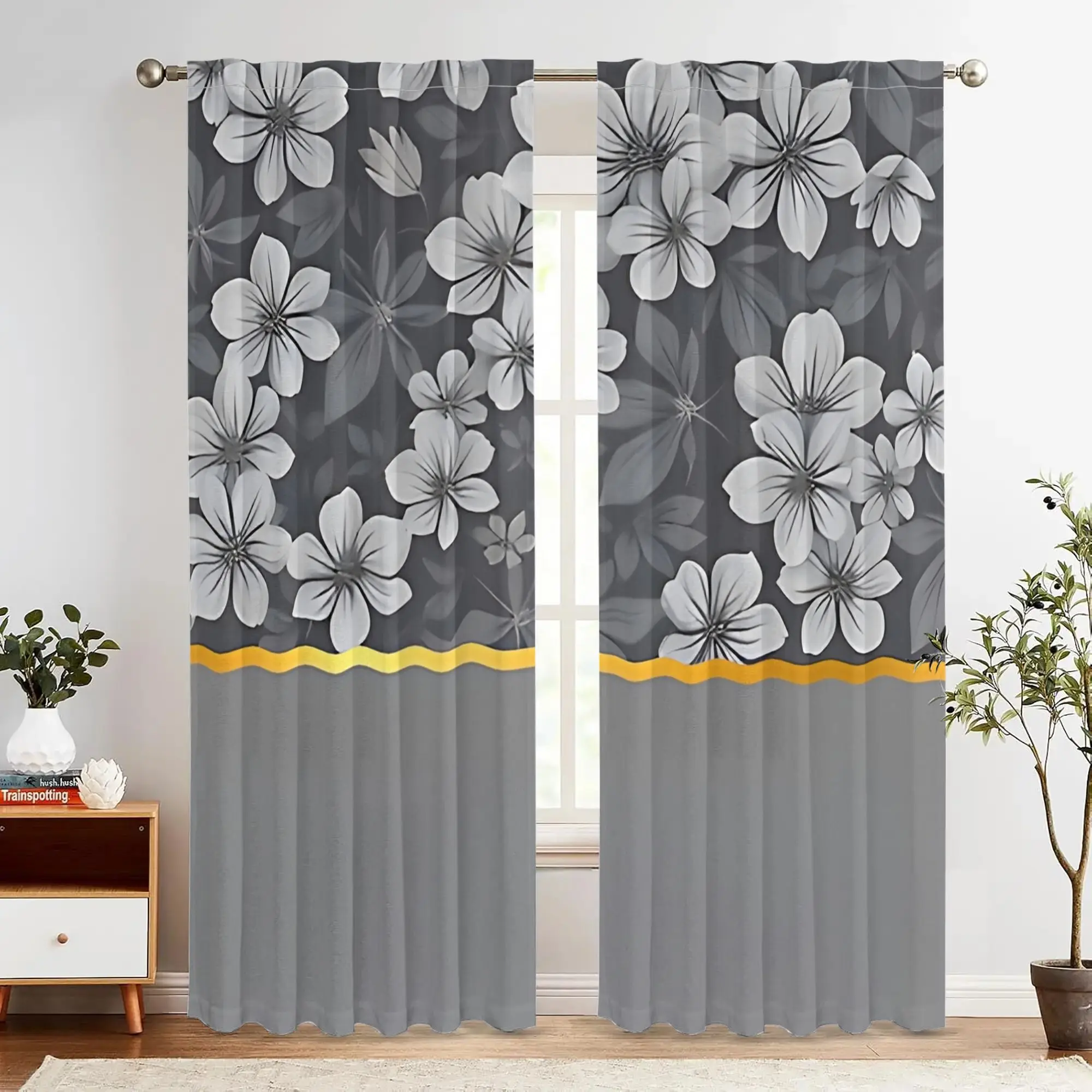 Modern gray floral patterns Print Drapes Room Darkening Window Curtains for Home Decor,Rod Pocket Blackout Curtains Bedroom