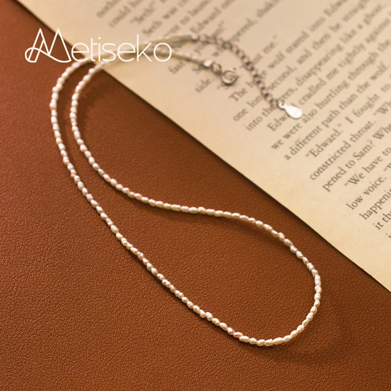 Metiseko Mini Rice Pearl Choker Necklace 925 Sterling Silver Chain 2.2-2.7mm Width Natural Freshwater Pearl Necklace for Women