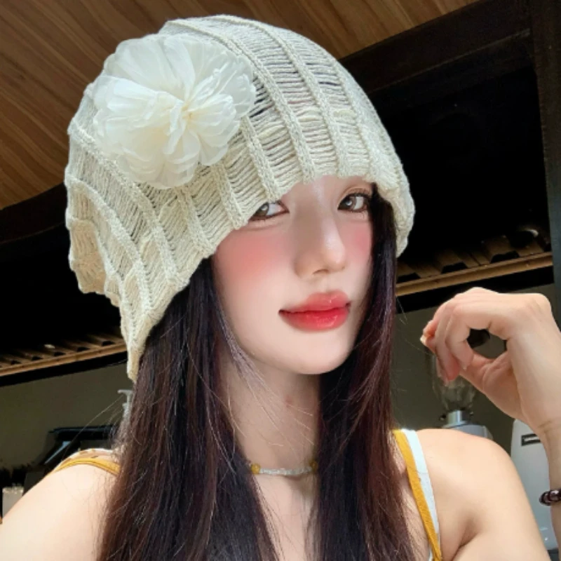 Korean Three-dimensional Flower Pile Hat Summer Hollow Breathable Pullover Beanie Caps Literary Big Head Knit Cold Hats Women