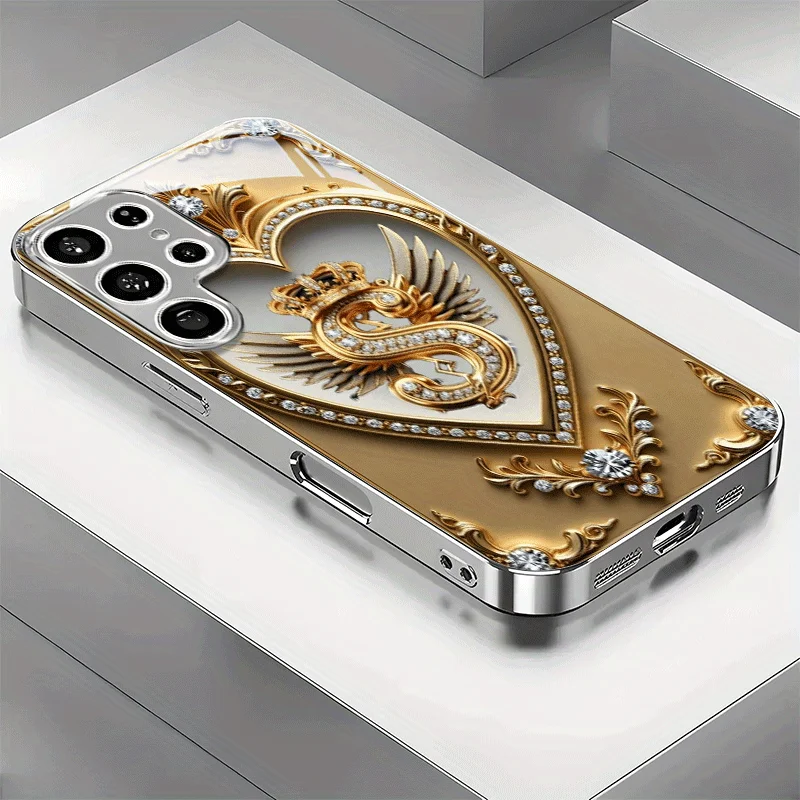 Crown wing letter S glass phone case suitable for Samsung Galaxy S26 S25 S24 S23 S22 S21 S20 FE/Ultra/Plus anti fall back cover