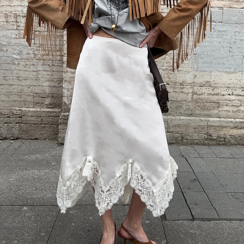 

Linad Vintage Irregular White Lace Skirts Summer Sexy Sheer Mid-Calf Skirts Woman Street Chic High Waist Slim Skirt Female 2025