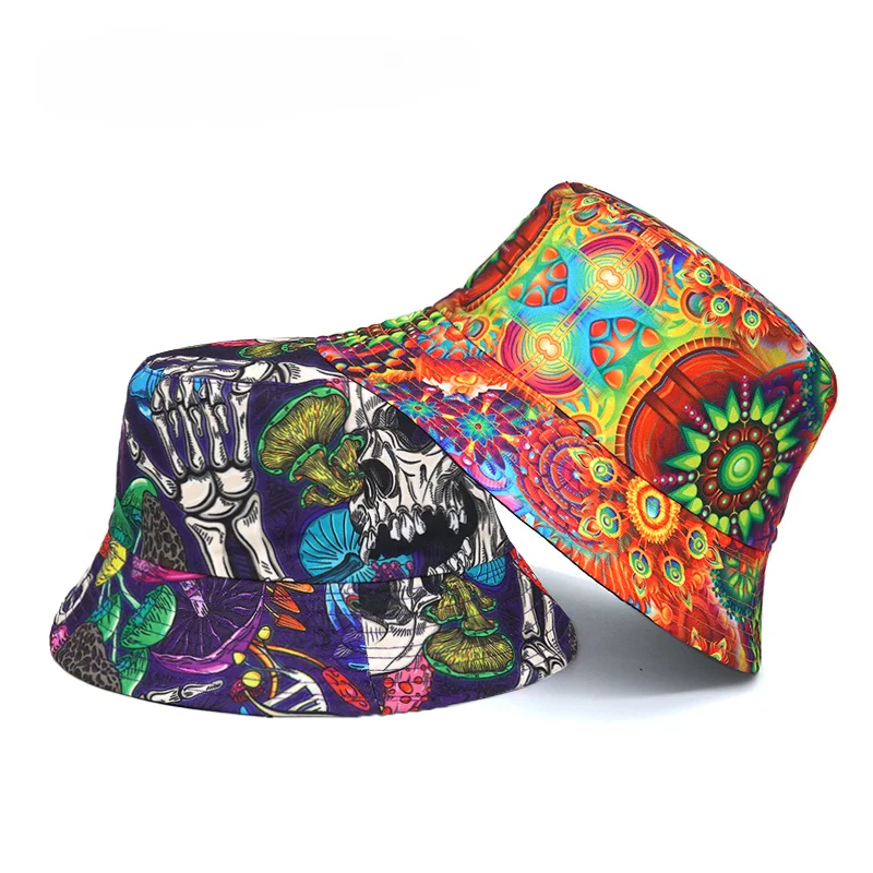 Mushroom Skull Printing Bucket Hat Cartoon Pattern Fisherman Hats Double Sides Reversible Panama Cap Outdoor New Style