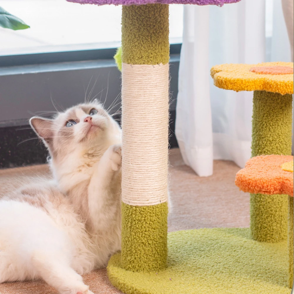 Multi Layer Cat Climbing Frame Solid Wood Kitten Scratching Column Sisal Hemp Claw Grinding Tool Pet Trees Flower Shaped Nest