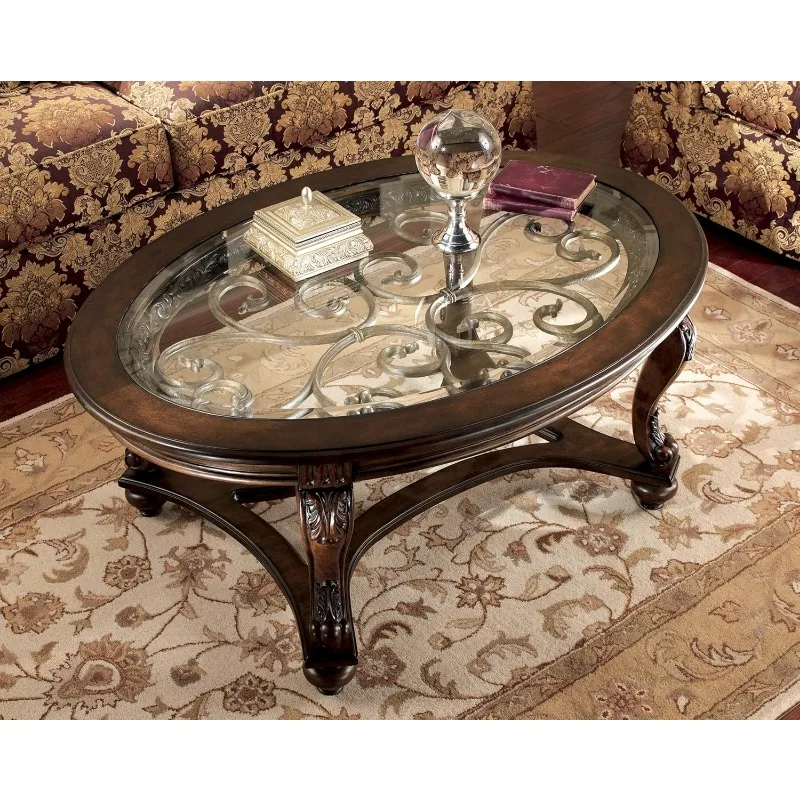 

Vintage Oval Coffee Table with Beveled Glass Top Scrollwork Legs Dark Brown Living Room Furniture