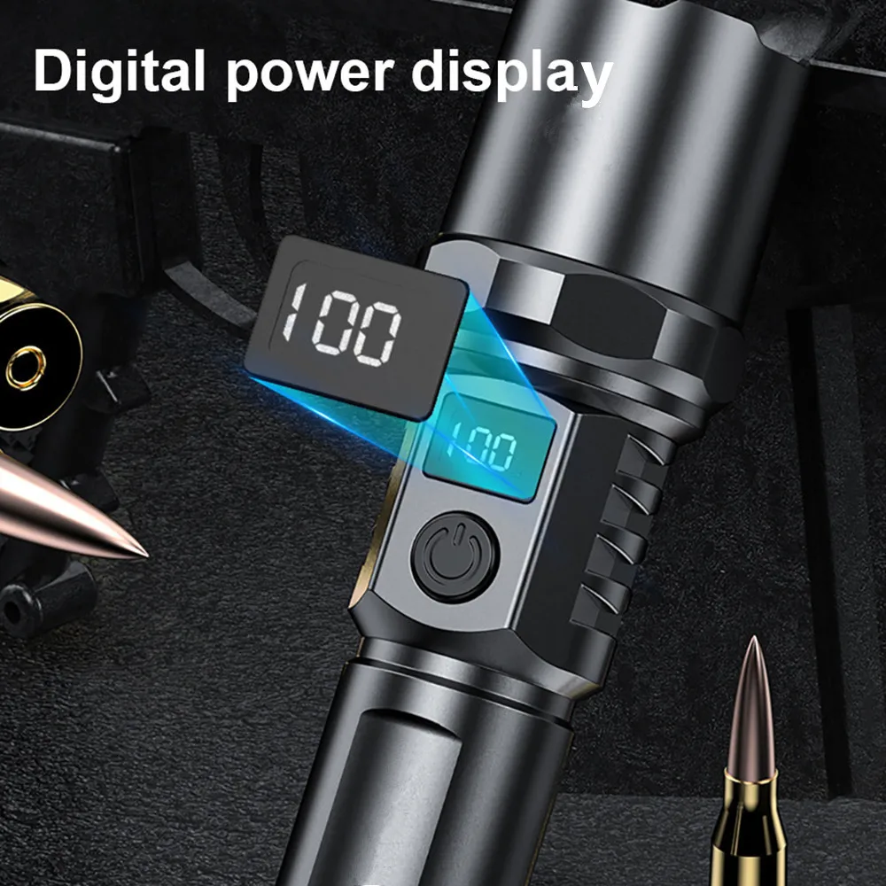 Powerful Super Bright LED Flashlight With Power Display Type-C Rechargeable Light Telescopic Zoom Torch Lamp For Camping Fishing