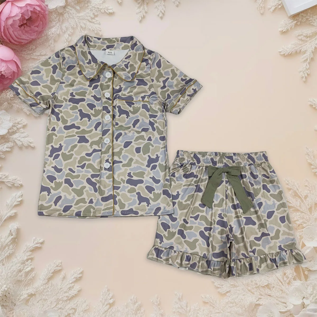 

Adult Women Girl Southern Dogs Camo Button Pocket Top Ruffle Shorts Pajamas Set Comfortable Loungwear Clothing Wholesale