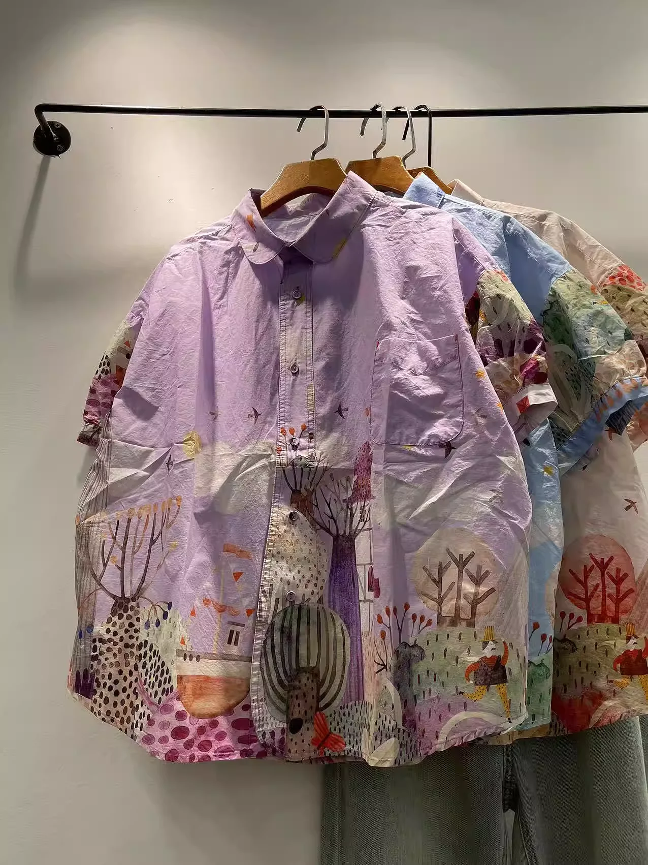 

Bust 120cm original design pure cotton oversized shirts for women summer Japan fashion cartoon print shirts long sleeve blouses