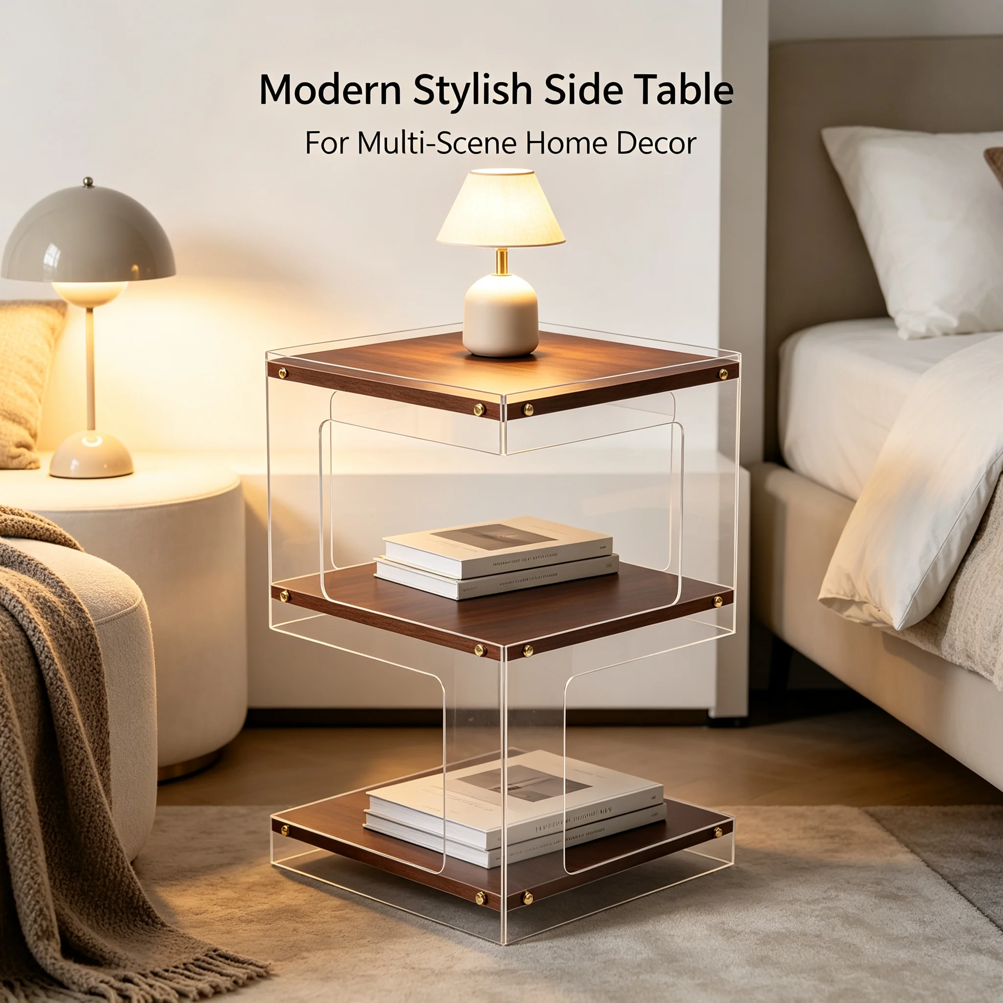 Bedside Table 3-Tier Side Table with 110.23lbs Load Capacity, Acrylic & E1 MDF Coffee Table, Modern Square Storage Rack in Walnut Wood Color for Living Room Bedroom Balcony