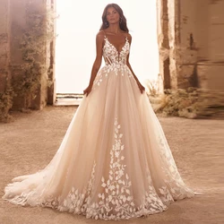 Sexy Elegant Wedding Dresses Spaghetti Straps Bridal Bride Dress Lace Vestidos De Novia Backless Long Train Tulle Gala Mujer