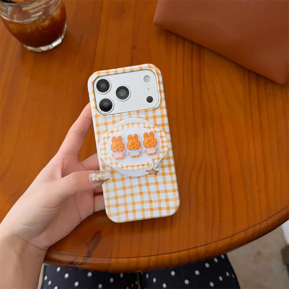 Ins Plaid Magnetic Phone Case for iPhone 17 Pro Max 15 Pro 16 Max Funda With Magsafe Miffy Bracket Korean Shockproof Cover Cases