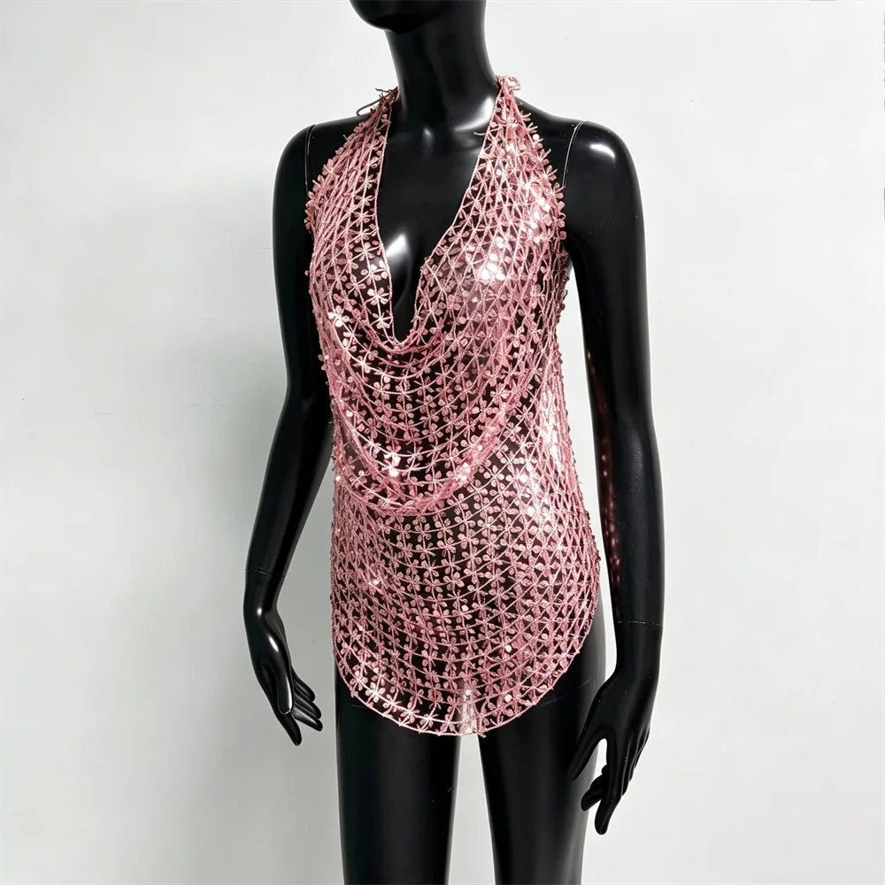 Damen Glänzendes Acryl-Pailletten-Top mit Ausschnitten, Sexy Tiefer V-Ausschnitt, Rückenfreies Neckholder-Oberteil, Durchsichtiges Strand-Party-Top – Detail 22
