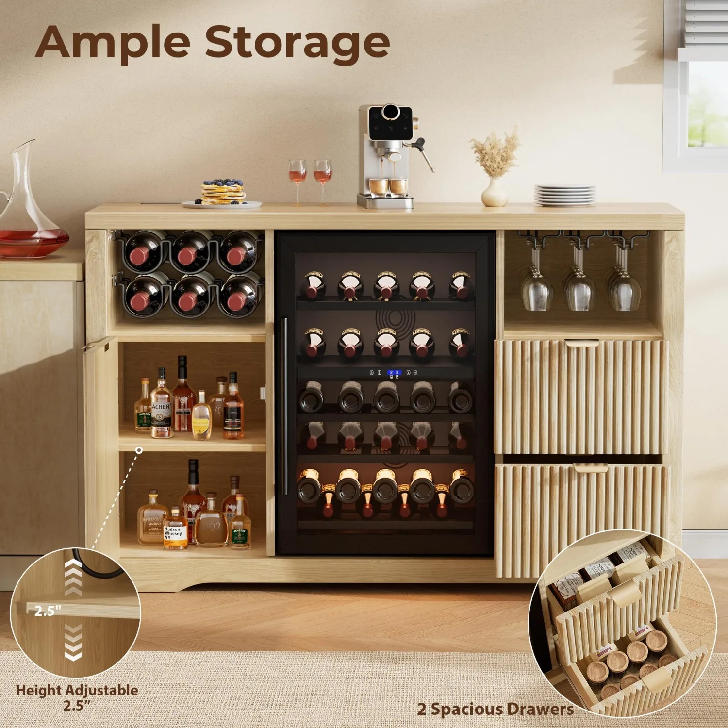 Coffee Bar Cabinet with Mini Fridge Space, 53"Wine Cabinets with Storage view 6