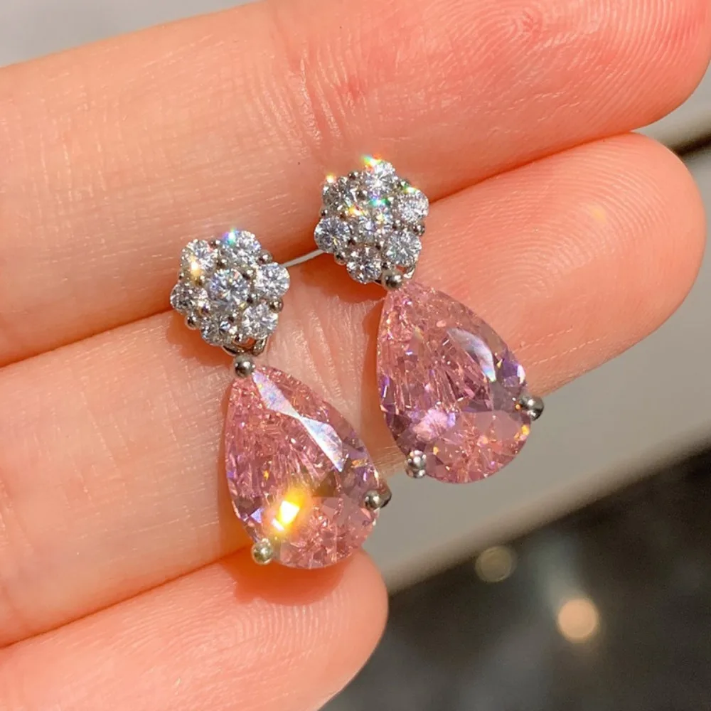 Romantic Luxury Flower Cluster Round Pink Pear 5A Zircon Teardrop Crystal Dangle Earrings for Women Bride Wedding Party Jewelry