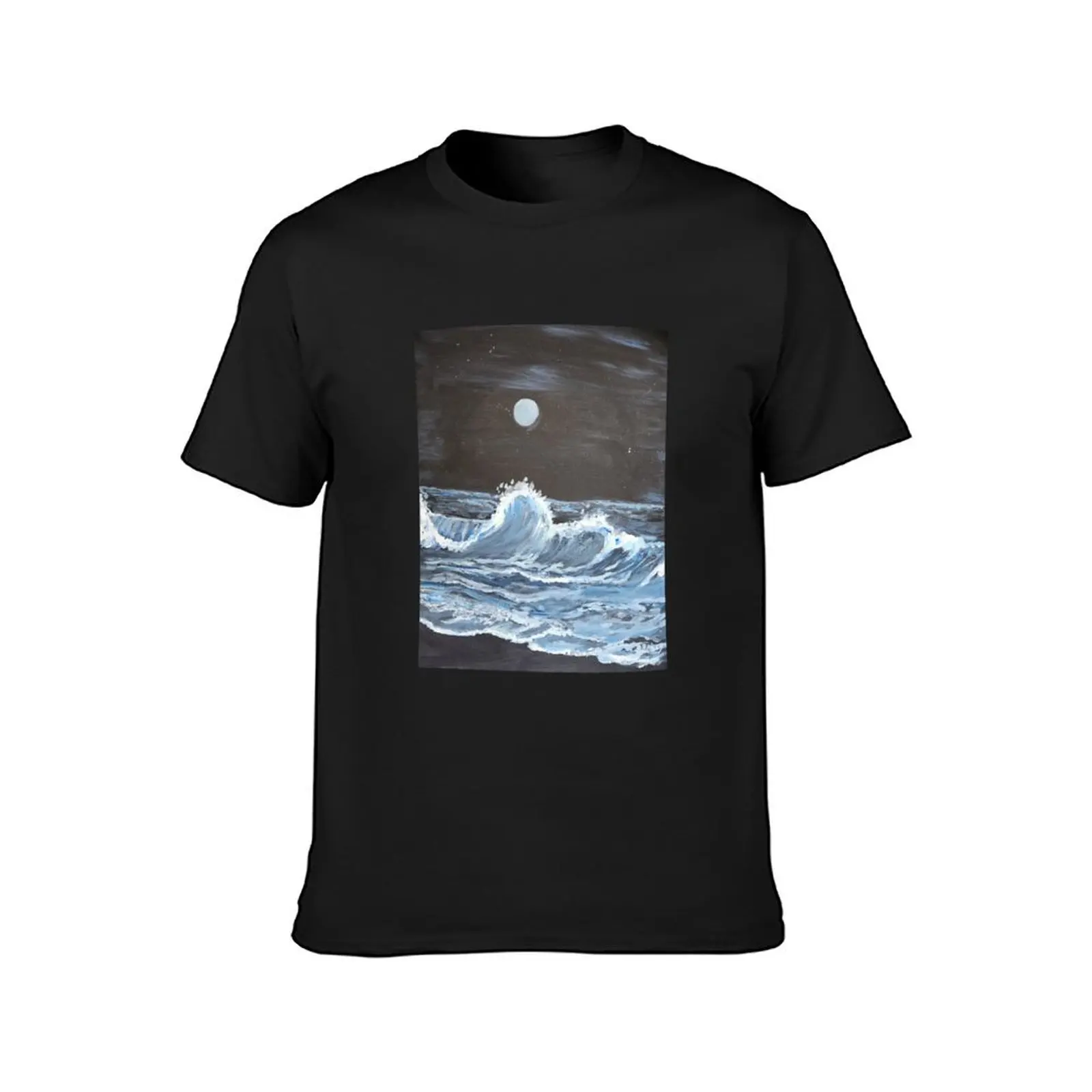 Midnight, Ocean, waves, beach, painting, black, Blue,White, Acrylics. T-Shirt boys whites plus size tops mens champion t shirts