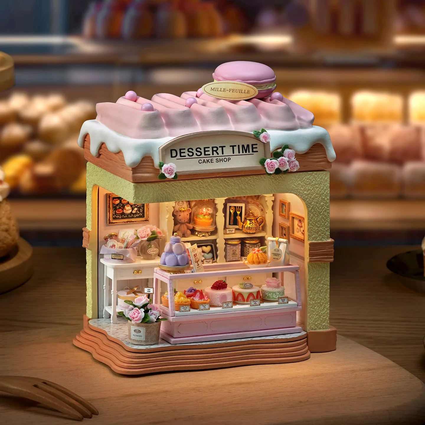 

DIY Miniature Rose Dessert Cake Shop Dollhouse-Handmade Assembled Mille-Feuille Shaped 3D Model,Creative Toy Gift for Home Decor
