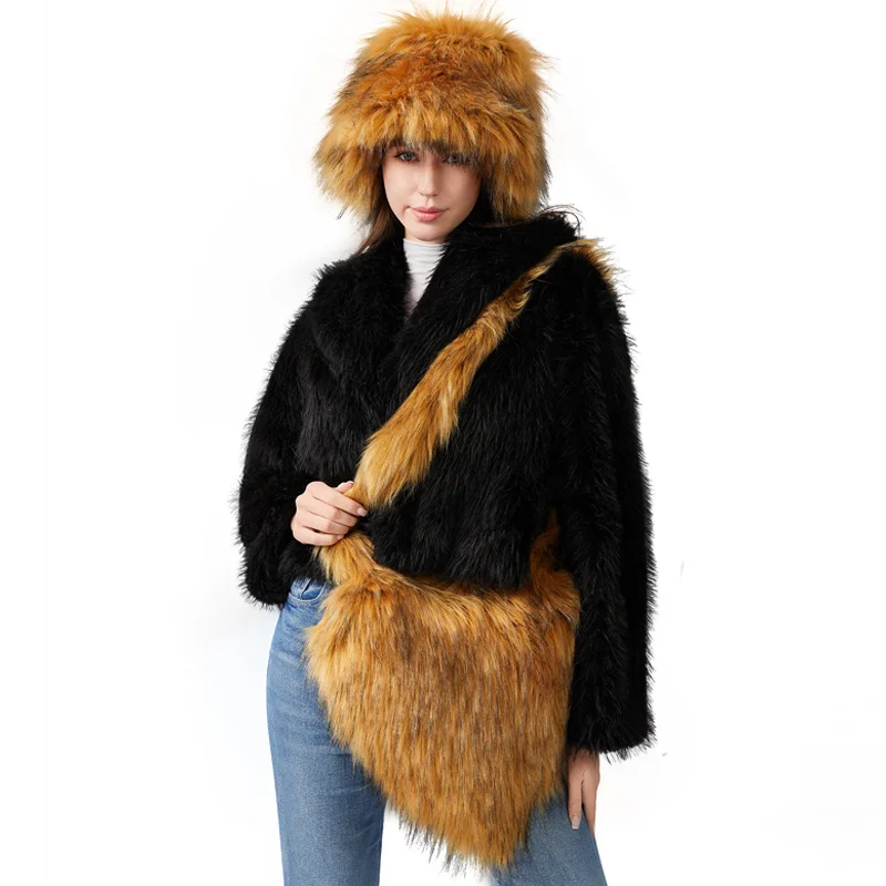 

New Artiflcial Fur Hat Cap Luxury Women Faux Fur Hat Y2K Bucket Hat Handbag Set Fashion Winter Headwear Warm Fox Fur Beanies