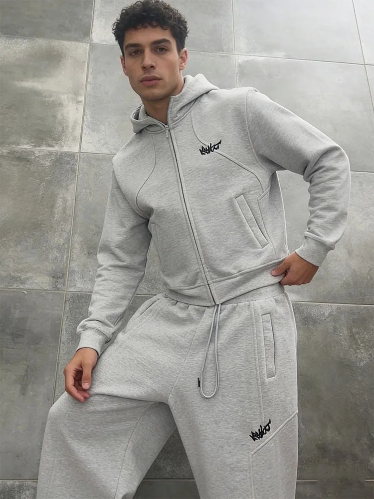 

Мужской спортивный костюм-двойка: худи на молнии и джоггеры из флиса, свободный крой, для повседневной носки и уличного стиля
