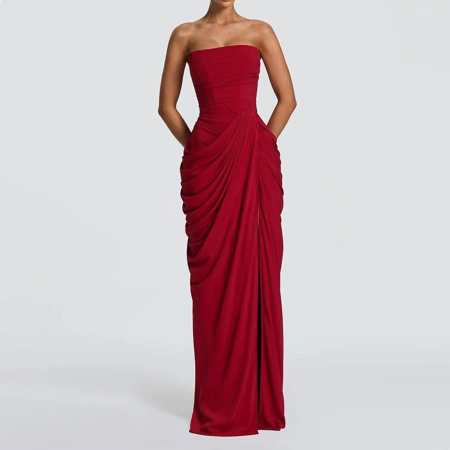 Elegant Satin Strapless Tube Dress Sexy Bodycon Split Evening Dresses Party Club Cocktail Summer Women Fashion