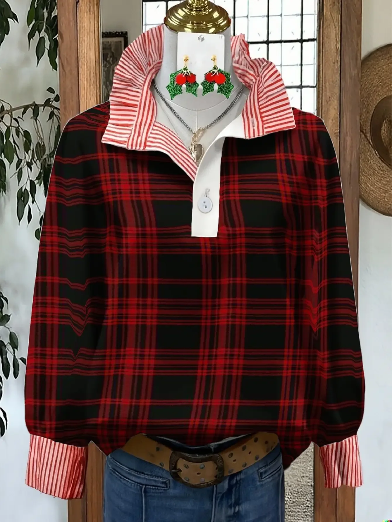 2026 Women's striped retro fashion shirt with multi-color striped collar and Red and black line elements