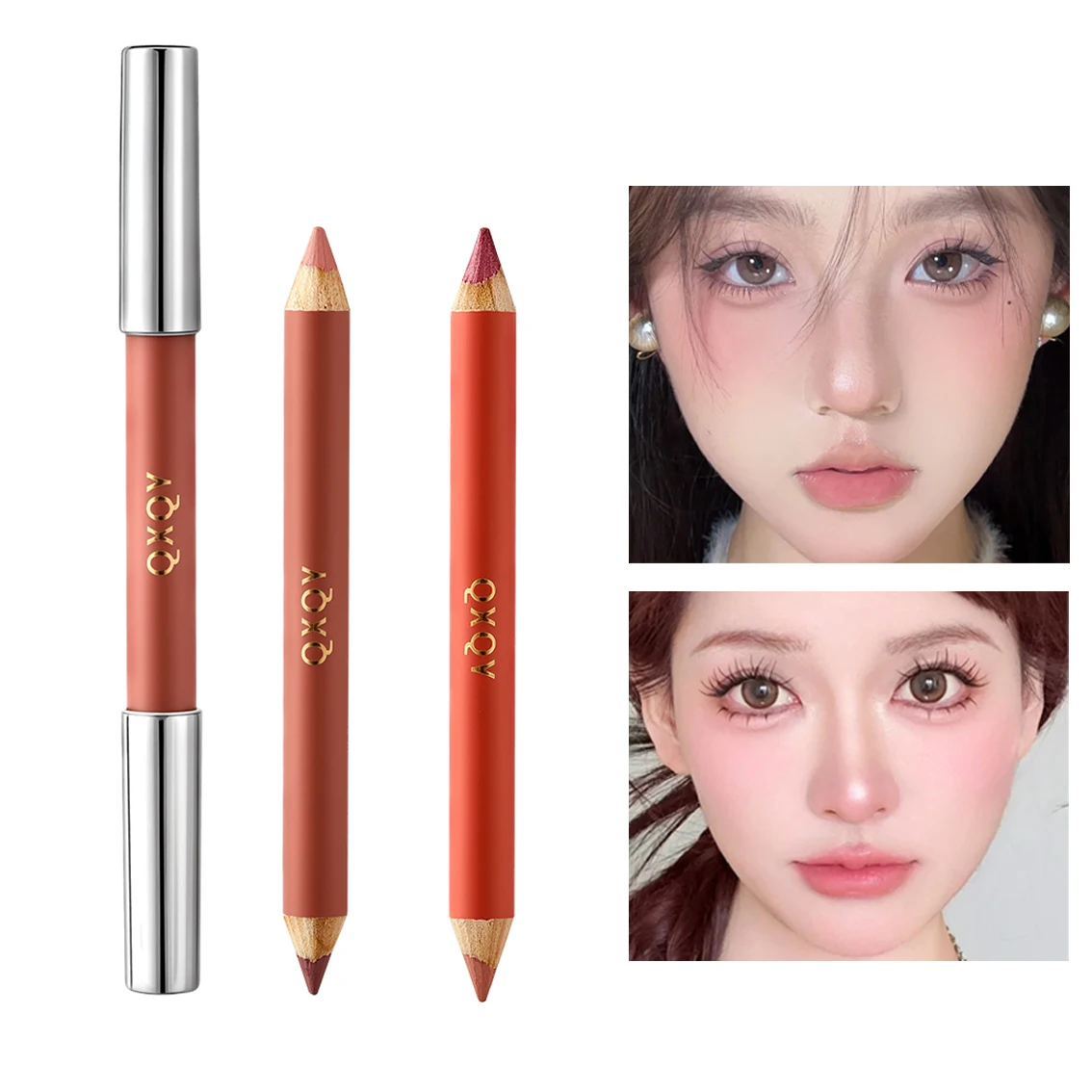 Dwugłowy, jedwabiście gładki, matowy naturalny róż i konturówka do ust Perłowy, łatwy do rozmazywania, długotrwały makijaż