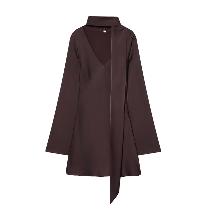 Vestido feminino 2025 outono novo estilo cor sólida manga longa cetim textura mini vestido com cachecol decoração elegante e moda