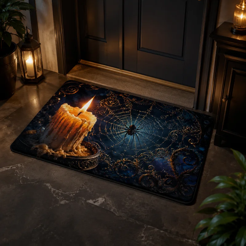 VIKAMA Mysterious Skull Burning Candle Doormat, Halloween Gothic-Style Non-Slip Indoor/Outdoor Entryway Doormat, Home Decor