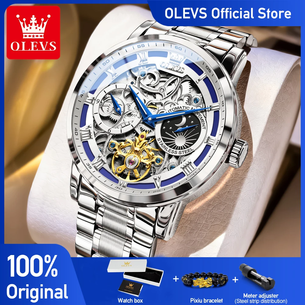 

OLEVS 6670 Мужские часы Элитный бренд Механические часы со скелетом Фаза Луны Часы из нержавеющей стали для мужчин Подарочная коробка Высокое качество