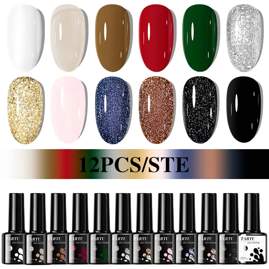 Conjunto de esmaltes em gel com glitter gelatinoso de 12 cores inclui cores semipermanentes cáqui, roxo, branco, vermelho, azul, verde e rosa