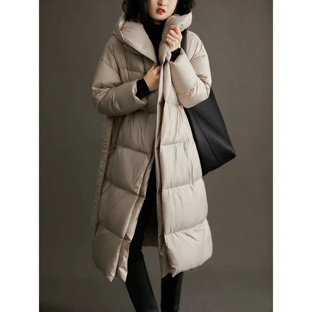 Long Down Coats for Women, Thick Warm Hooded Jacket, Fake Two-Piece, Slim Tie Belt, Winter Fashion, 90% Duck Down