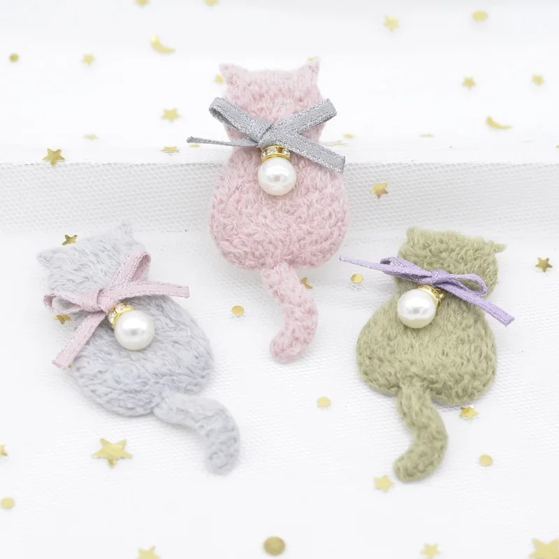 10Pcs Cute Plush Cat Padded with Pearl Pendant for Clothes Patch Fabric Sewing Craft Socks Gloves Shoes Decal Decoration