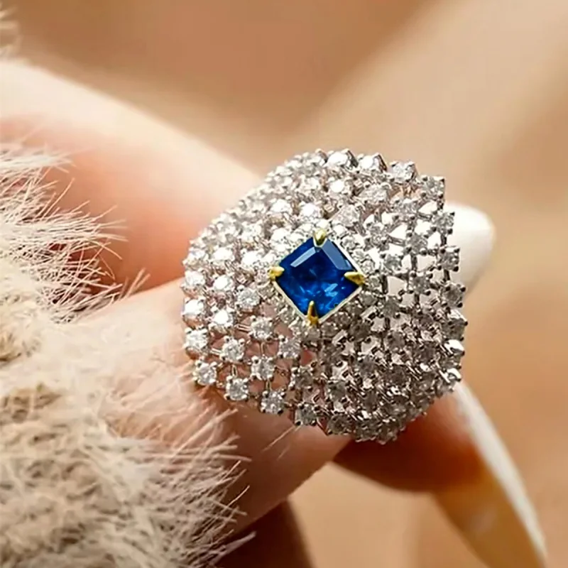 Huitan Funkelnder Damenring mit grünem CZ-Stein, hohles Design, modisch, für Hochzeit, elegante Dame, Jahrestag, Accessoires, Schmuck, Geschenk – Detail 13
