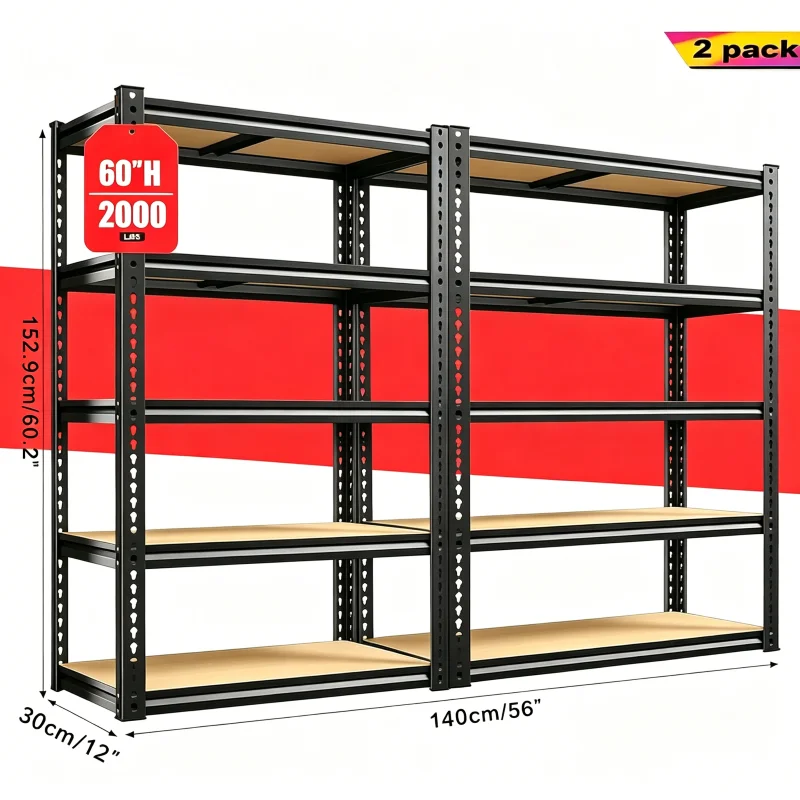 

60/72 Inch two-piece Heavy Duty Storage Shelves, 2000LBS Capacity Metal Shelving Unit, Adjustable Garage Shelves & Organizer with Overlap Design for Home Garage Warehouse Storage Shop,Black