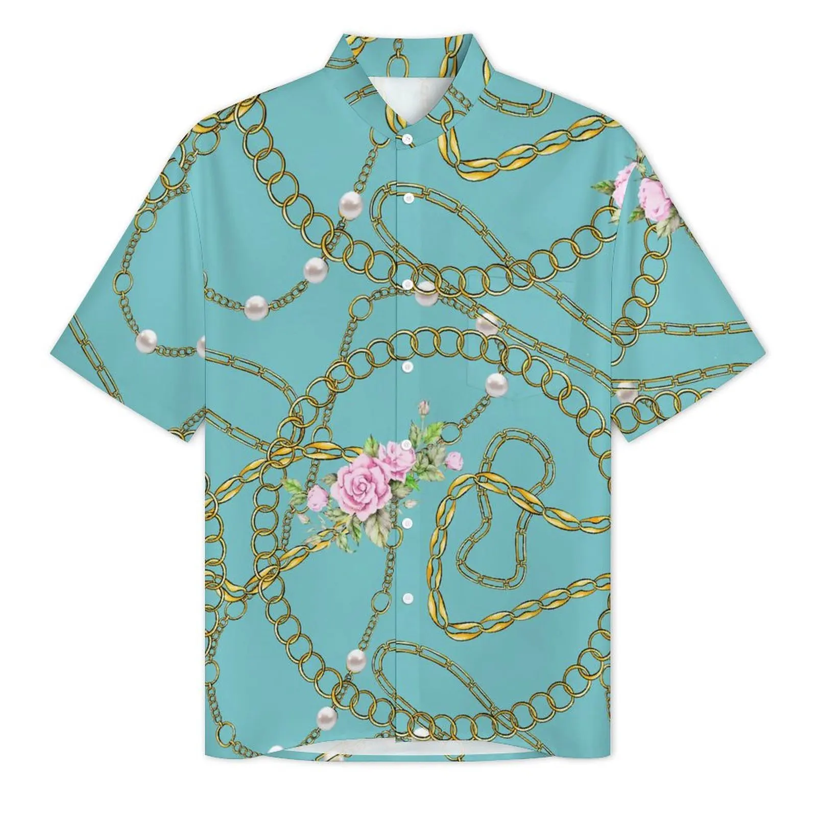 Hawaiian Shirt Beach Golden Chains Blouses Pink Floral Print Novelty Casual Shirts Man Short Sleeve Streetwear Oversized Tops